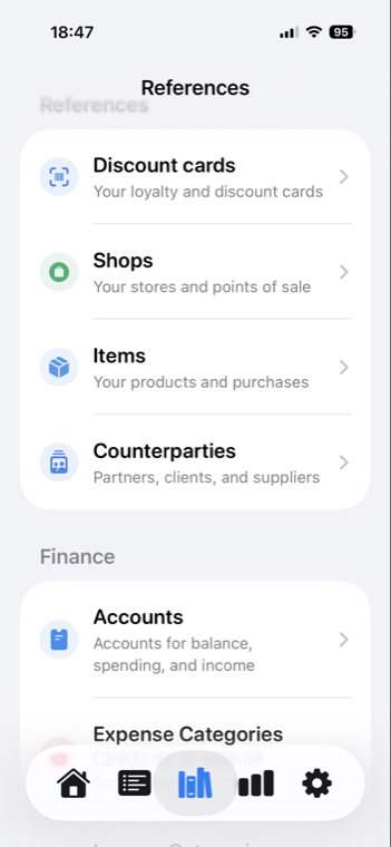 Discount cards, shops and finance references in ItemFlow